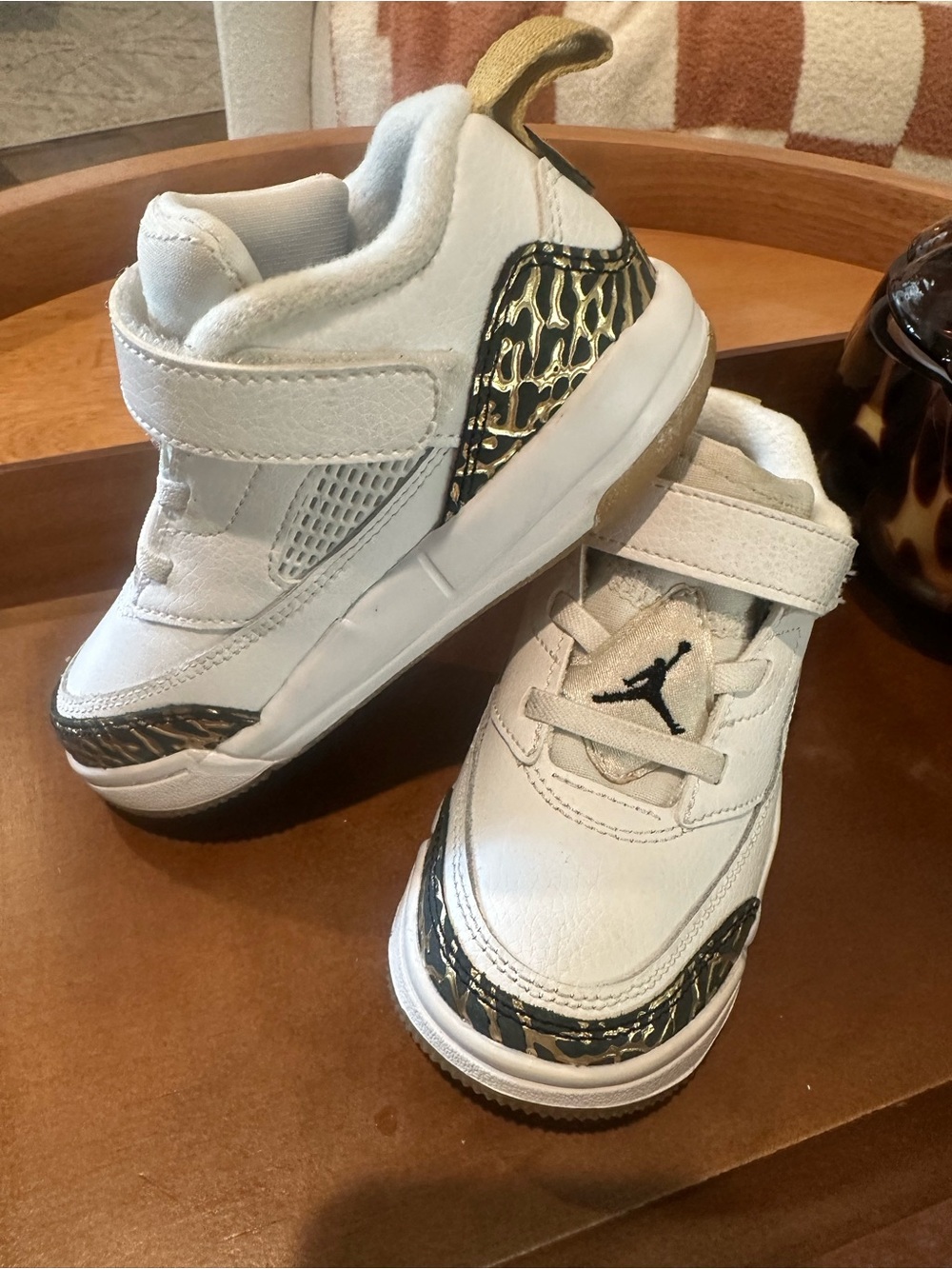 Jordan Kids White Sneakers with Gold and Black Print